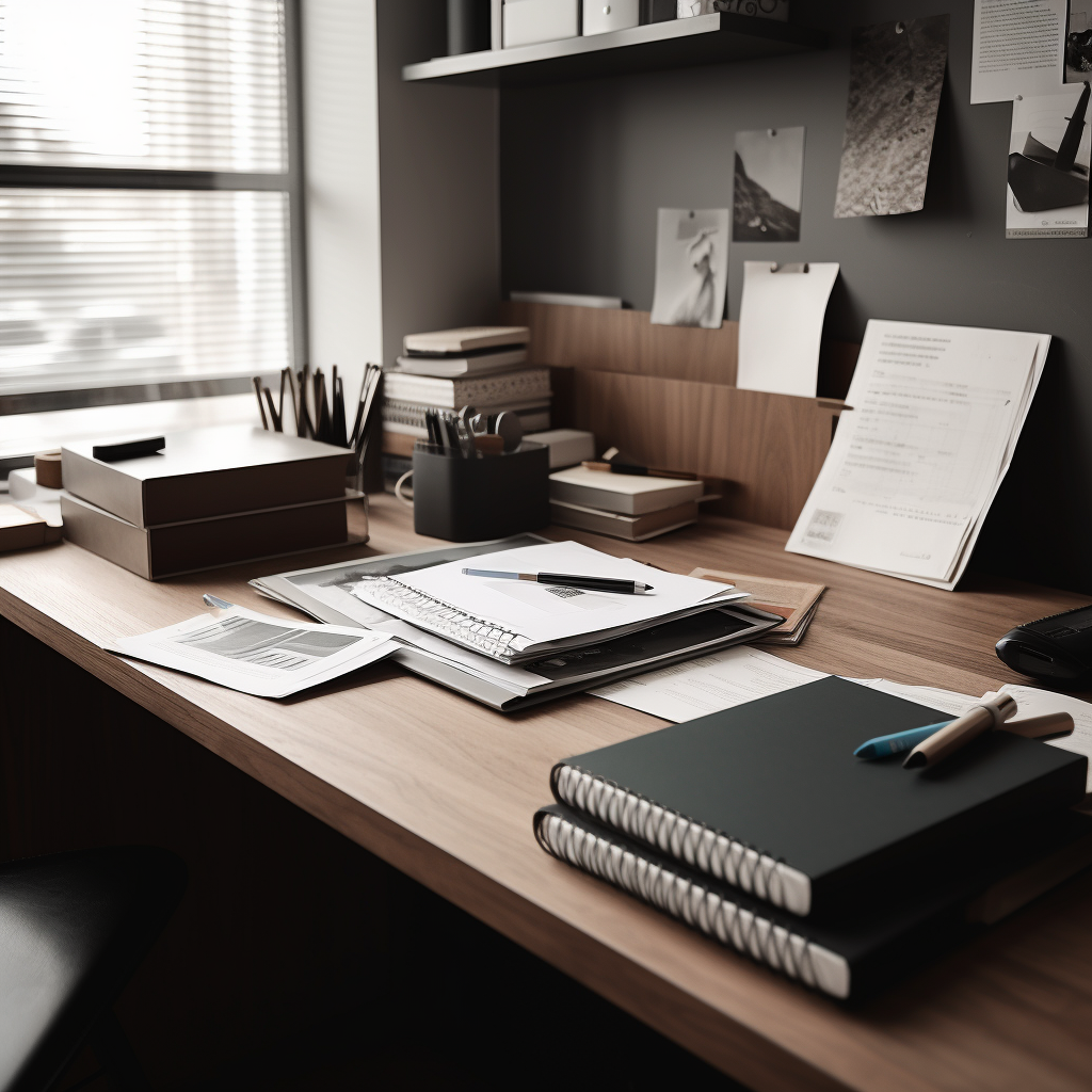 A tidy wooden desk with documents, notebooks, pens, and a few office supplies arranged neatly. The background includes shelves with small boxes and pinned papers on the wall, creating a focused, organized workspace with a calm, neutral color palette.