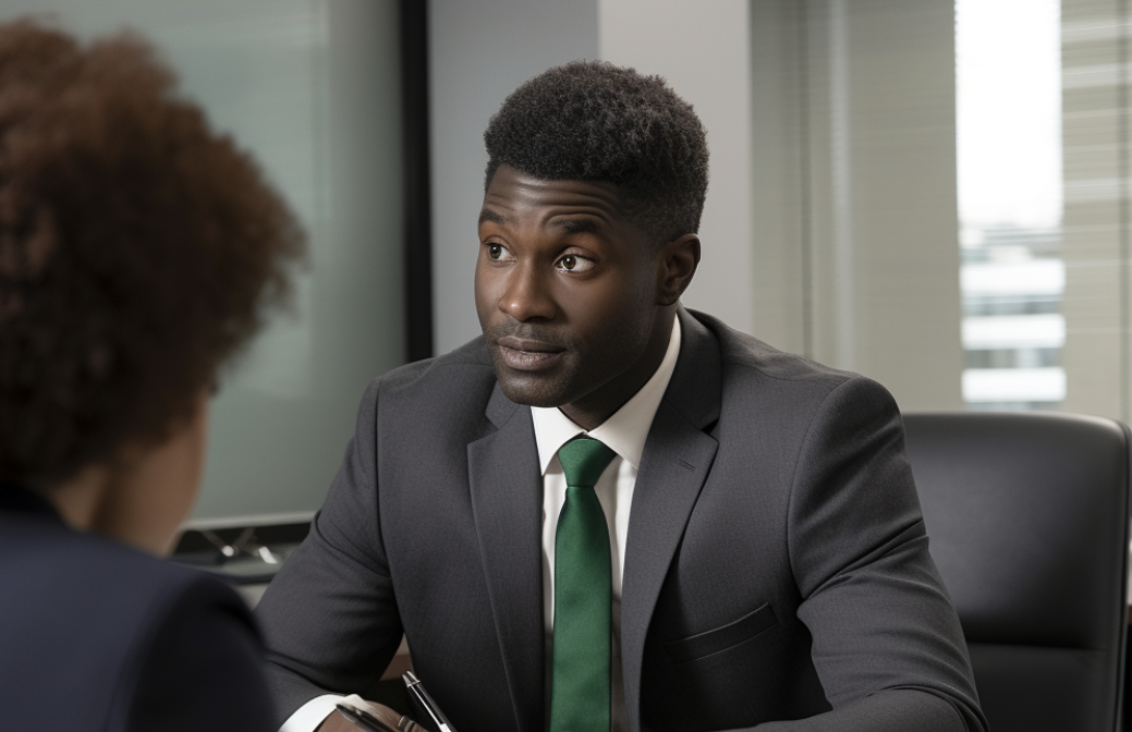 A man in a suit and tie sits at a desk, engaged in conversation with someone