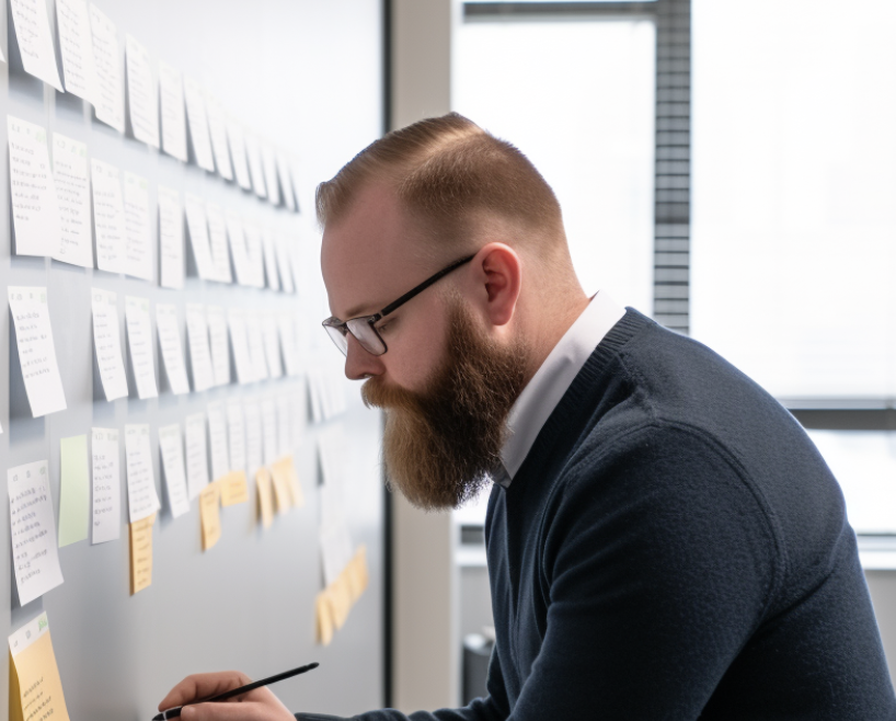 A bearded man wearing glasses is focused on writing on a colorful post-it note board