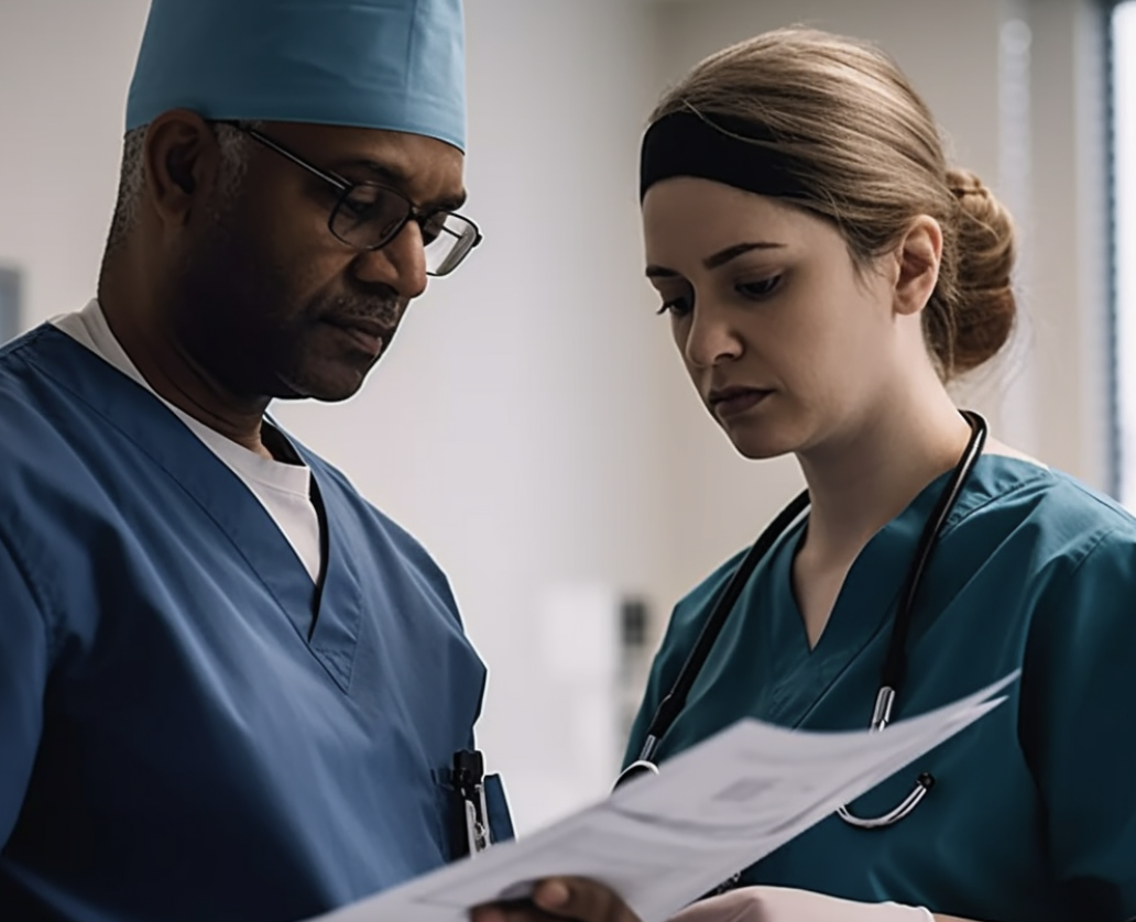 Two healthcare workers engaged in reviewing paperwork