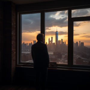 A man in a suit staring at NY skyline through an apartment window