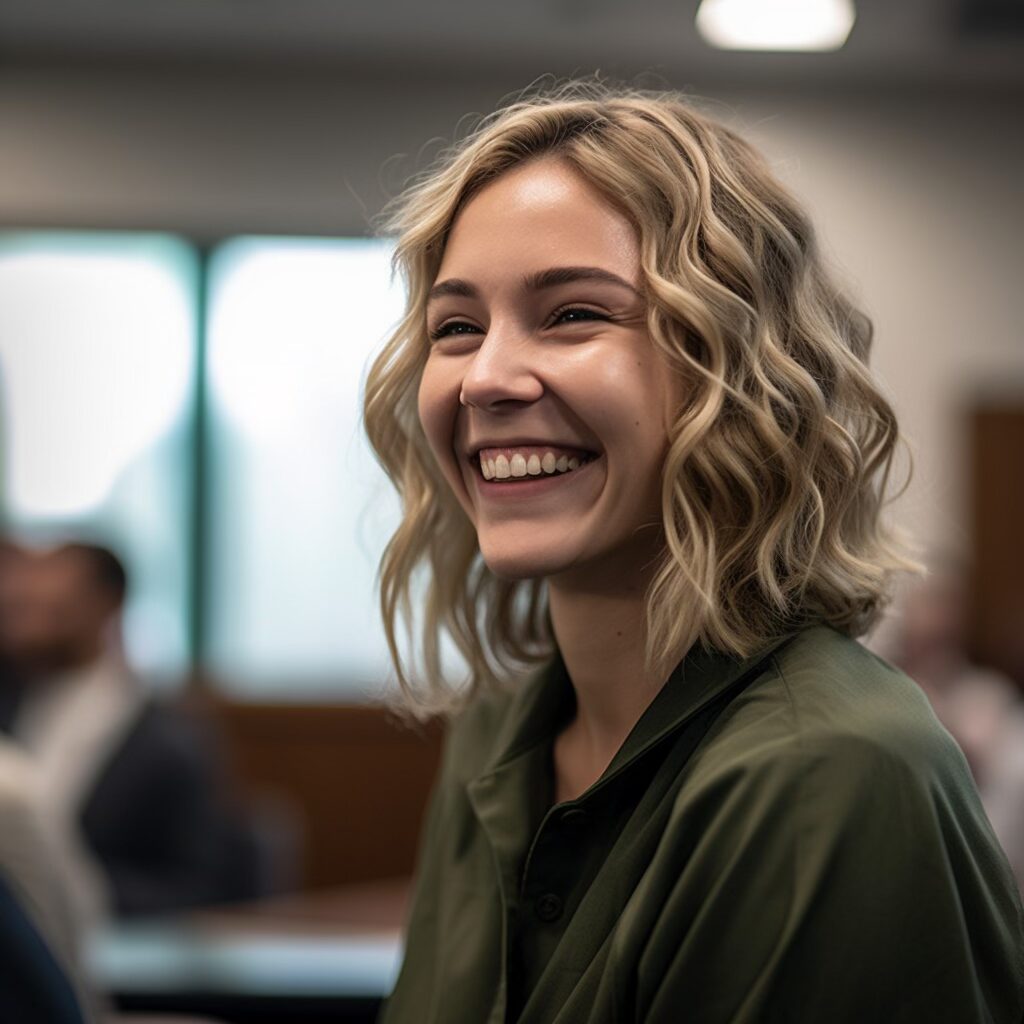A woman smiling in the courtroom
